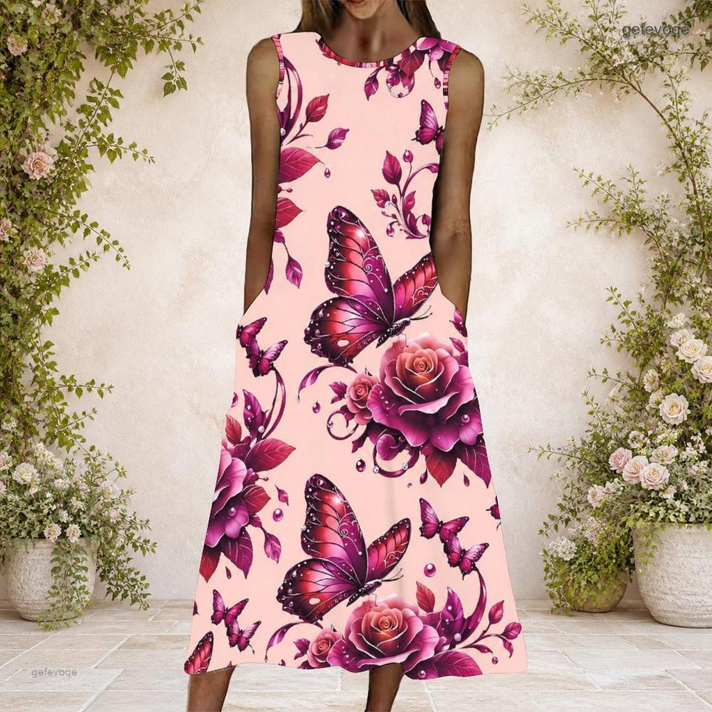 Women Plus Size Round Neck Sleeveless Leopard Pumpkin Printed Orange A Line Dress With Side Pockets