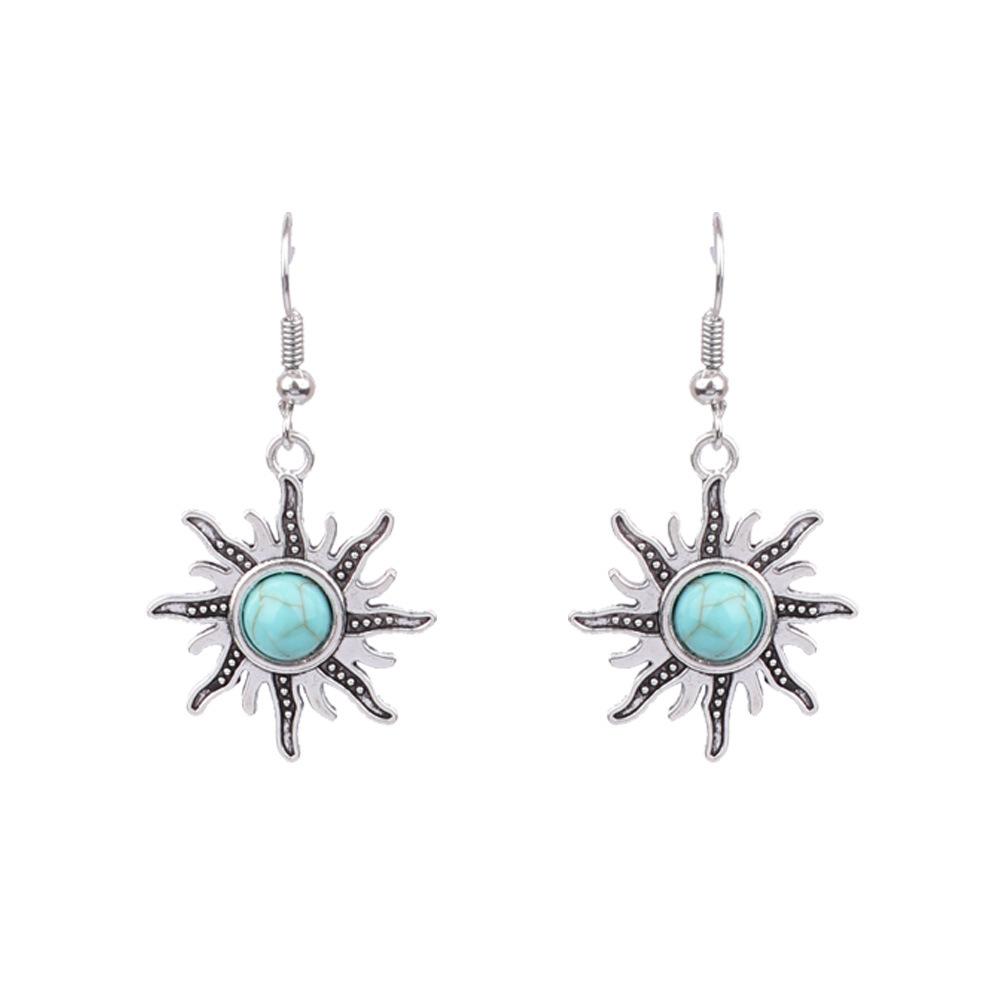 Ethnic Vintage Blue Beads Waterdrop Round Earrings for Women Boho Creative Geometric Silver Color Dangle Earrings Jhumka Jewelry