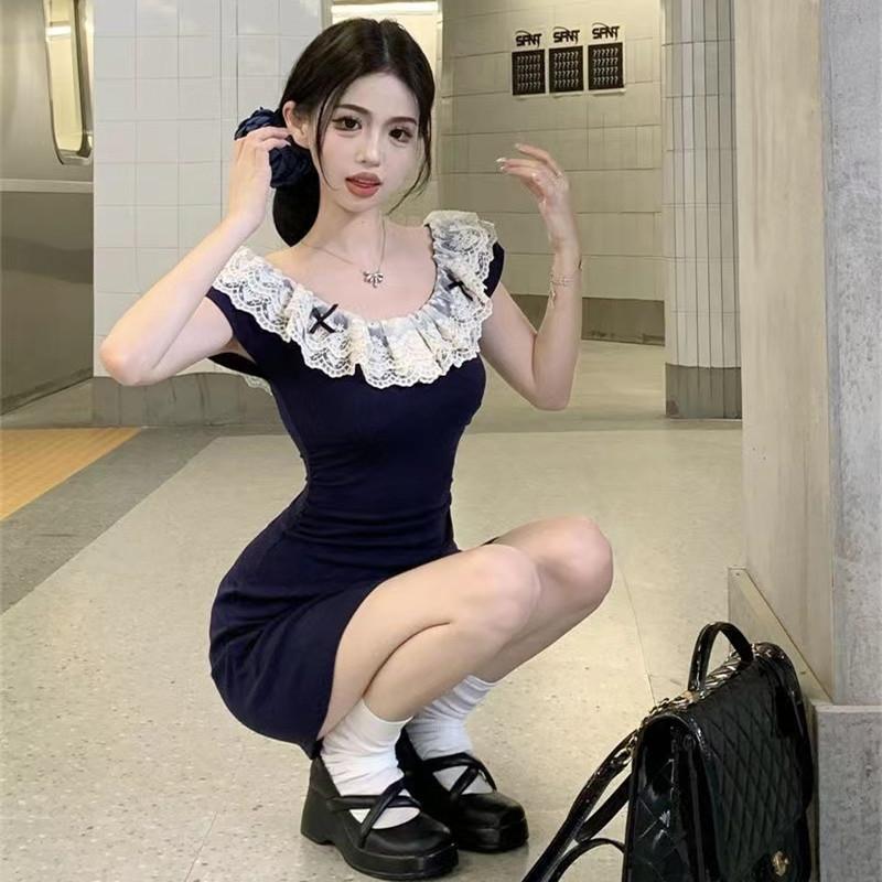 Korean Version of Pure Desire Style Loose Collar Spice Girl Short Skirt Summer New Temperament Lace Splicing Design Waist Dress