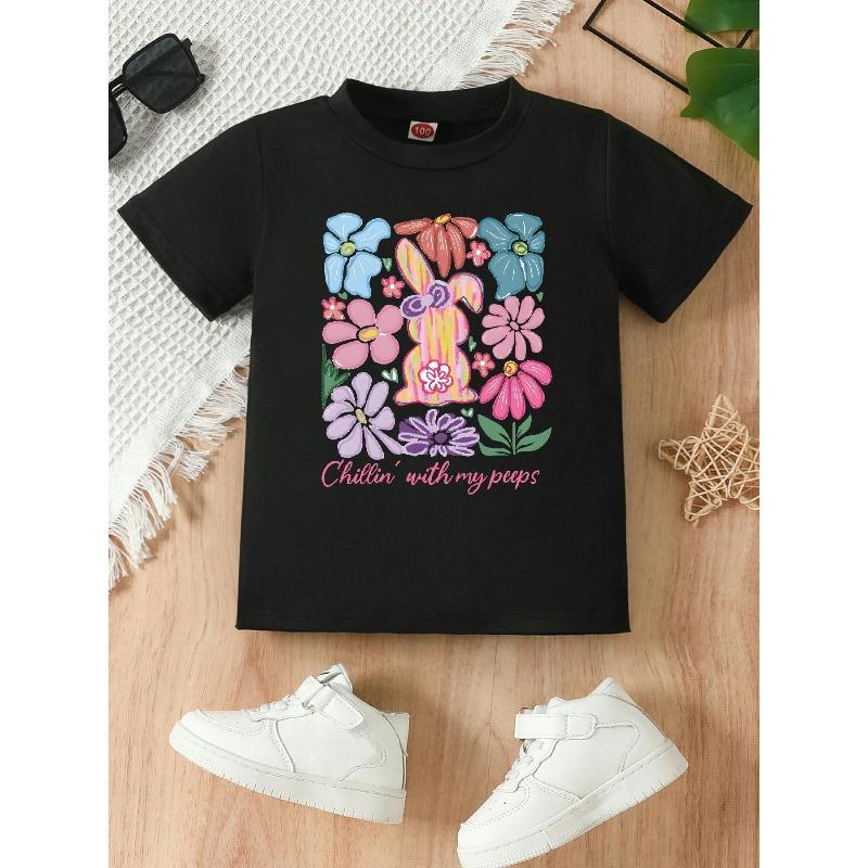 

European sizes Adorable T-Shirt Featuring a Graffiti Design of Flowers And Rabbits, with a Round Neckline And Short Sleeves, Perfect for Summer 98cm чёрный