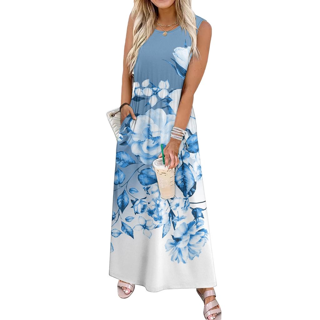 Ladies' Floral Print Casual And Fashionable Waist Cinched Sleeveless Dress