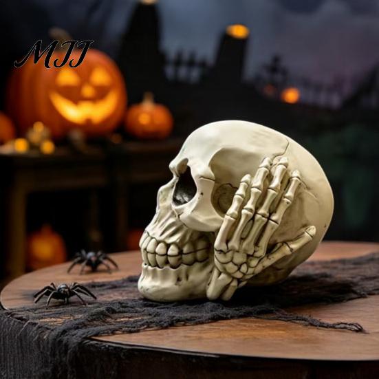 Halloween Skull Decor Figurine, Hear See Speak No Evil Skeleton Head Funny Sculpture Statue, Gothic Resin Home for Desk, Bookshelf, Mantel,