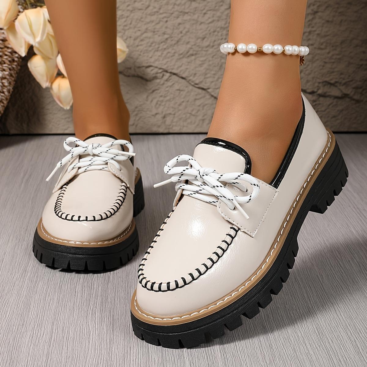 

Женские модные и элегантные лоферы однотонной расцветки, декоративные туфли на шнуровке для путешествий, женская обувь в стиле колледжа с круглым носком и толстым каблуком 43 белый