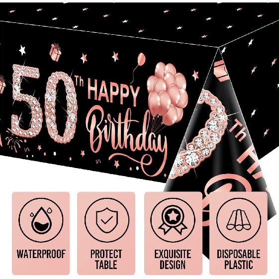 3 Pack Rose Gold Happy 50th Birthday Tablecloth Decorations - Fifty Years Old Plastic Disposable Rectangular Table Cover Party Supplies