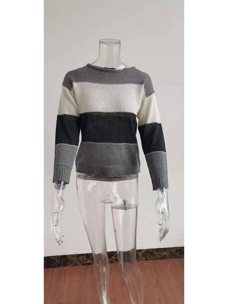 Women Casual Striped Knit Sweater Long Sleeve Round Neck Pullover Autumn Winter