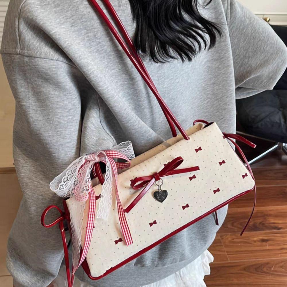 Ribbon Bow Lace Shoulder Bag Sweet Y2K Underarm Bag Portable Armpit Bag  School