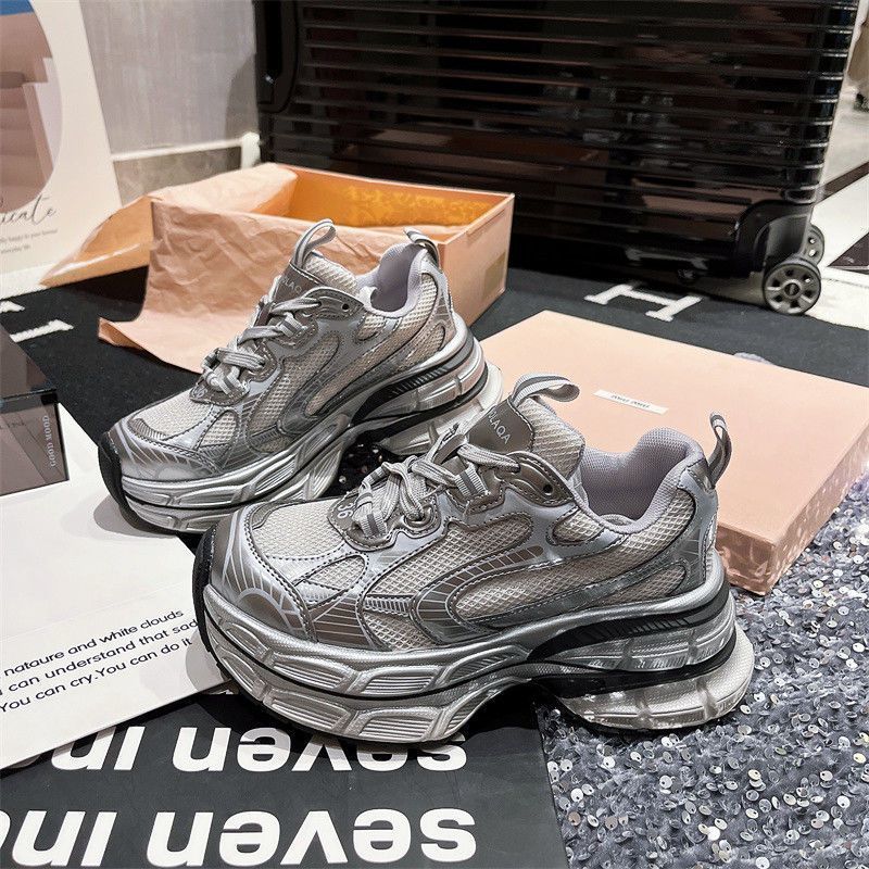 

2025 Summer New Women s Double Layer Silver Platform Dad Shoes Chunky Sole Casual Athletic Heightening Sneakers 37 білий