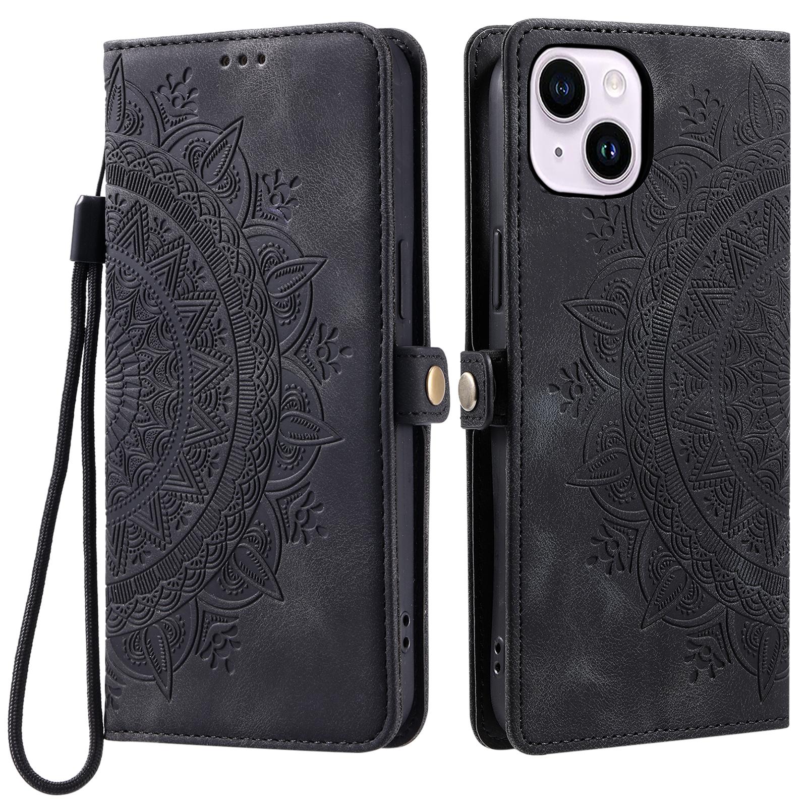 

Style 016 For iPhone 15 Case Skin Feel Totem Imprinted Wallet Leather Phone Cover Black