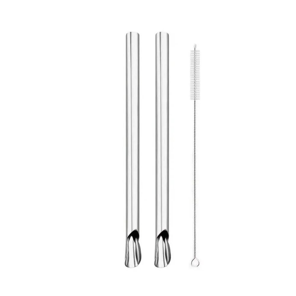 2/4Pcs ReusableDrinking Straw Smoothie Milkshake Scoop Stainless Steel Straw Spoon Durability Stirring Spoon  with Brush Set Bar