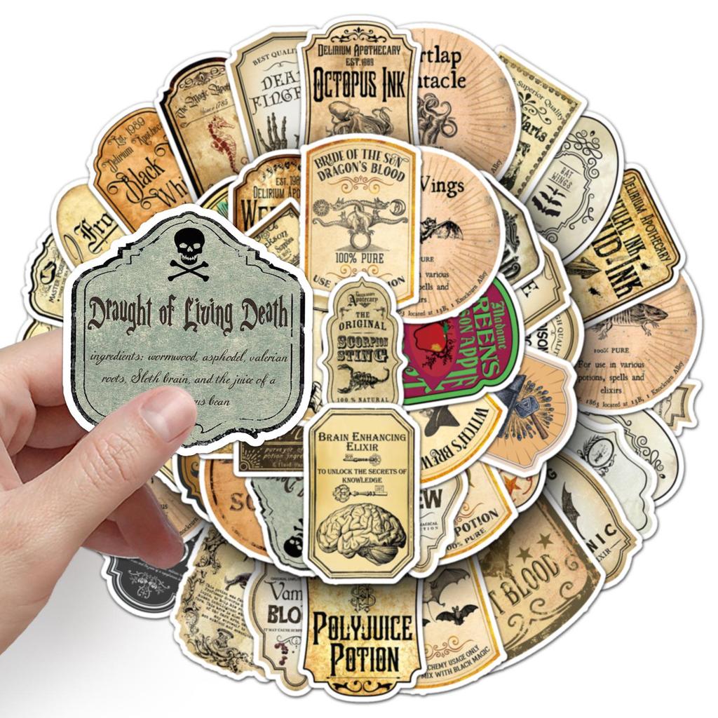50pcs Waterproof Retro Potion Label Stickers for Journals, Phone Cases, and Suitcases