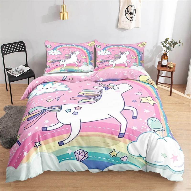 Kawaii Einhorn Buntes leuchtendes Einhorn-Kinderbettwäscheset für Mädchen Rosa Deluxe Bettbezug Bettwäscheset King Queen Bettbezug