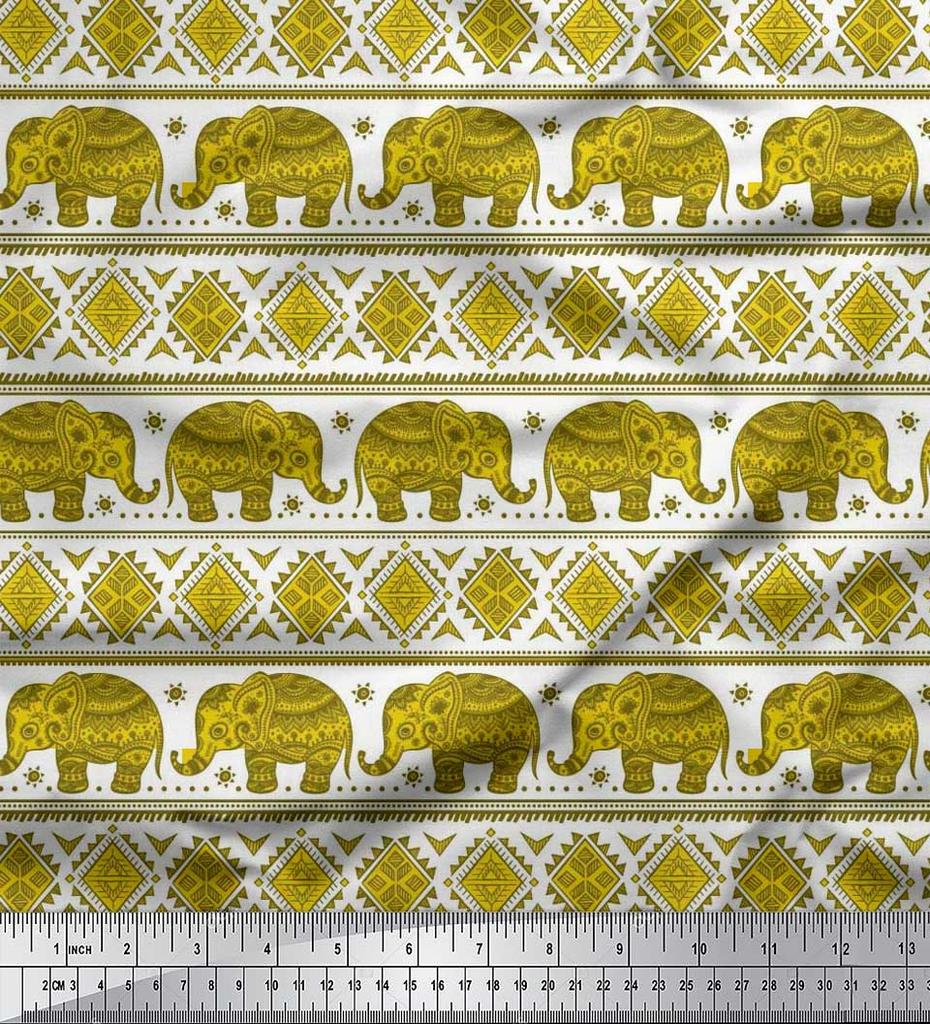 Soimoi Japan Crepe Satin Fabric Aztec & Tribal Elephant Ethnic Print Sewing Fabric Metre 42 Inch