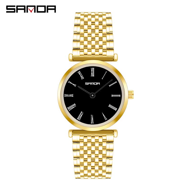 Sanda Trendy Diamond Roman Numeral Couple Watches - Steel Band, Waterproof Women's Wristwatch