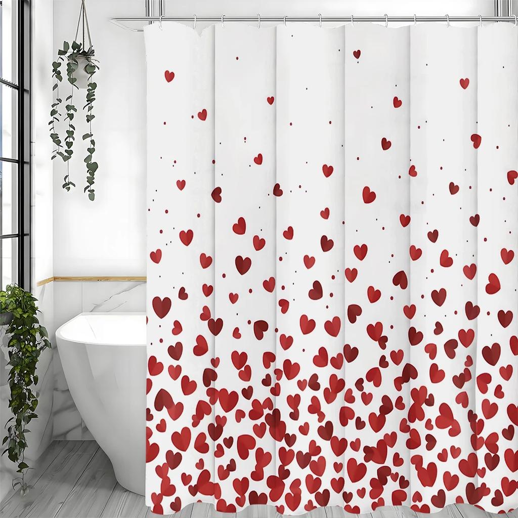 Valentine's Day Red Heart Pattern Shower Curtain, Bathroom Decorative Shower Curtain, Waterproof Shower Curtain with Hooks