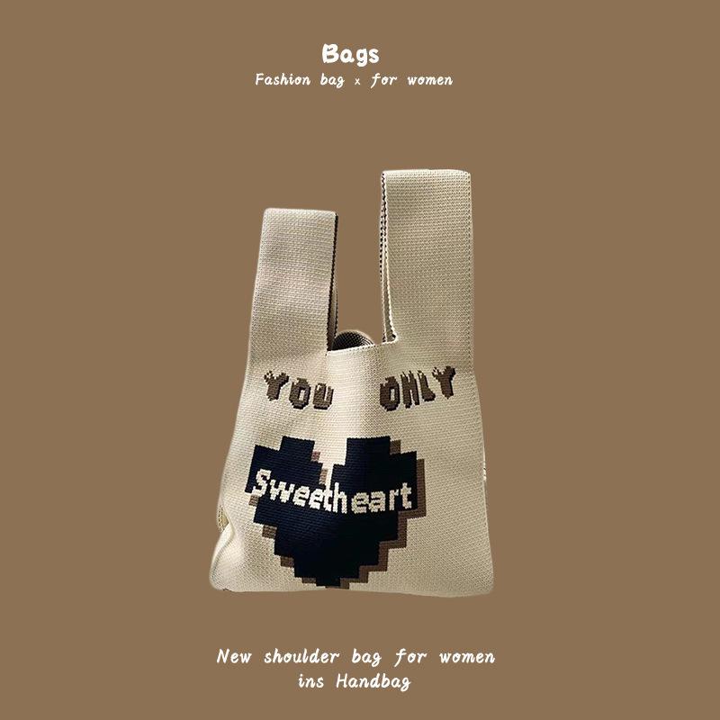 Ins Trendy Handbag Women'S Knitted Wool Bucket Bag Hand Carry Casual Tote Bag Box Lunch Bag