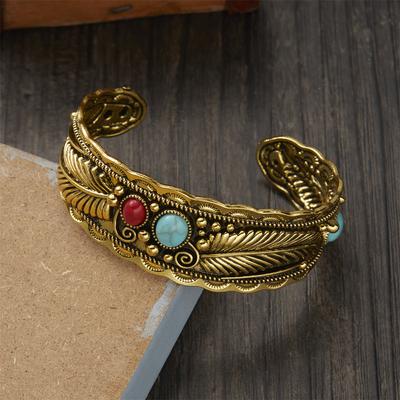 Vintage Antik Silberfarbe Blatt Rot Blau Naturstein Armbänder Armreifen Für Frauen Einfach Ethnisch Offen Manschette Armband Schmuck