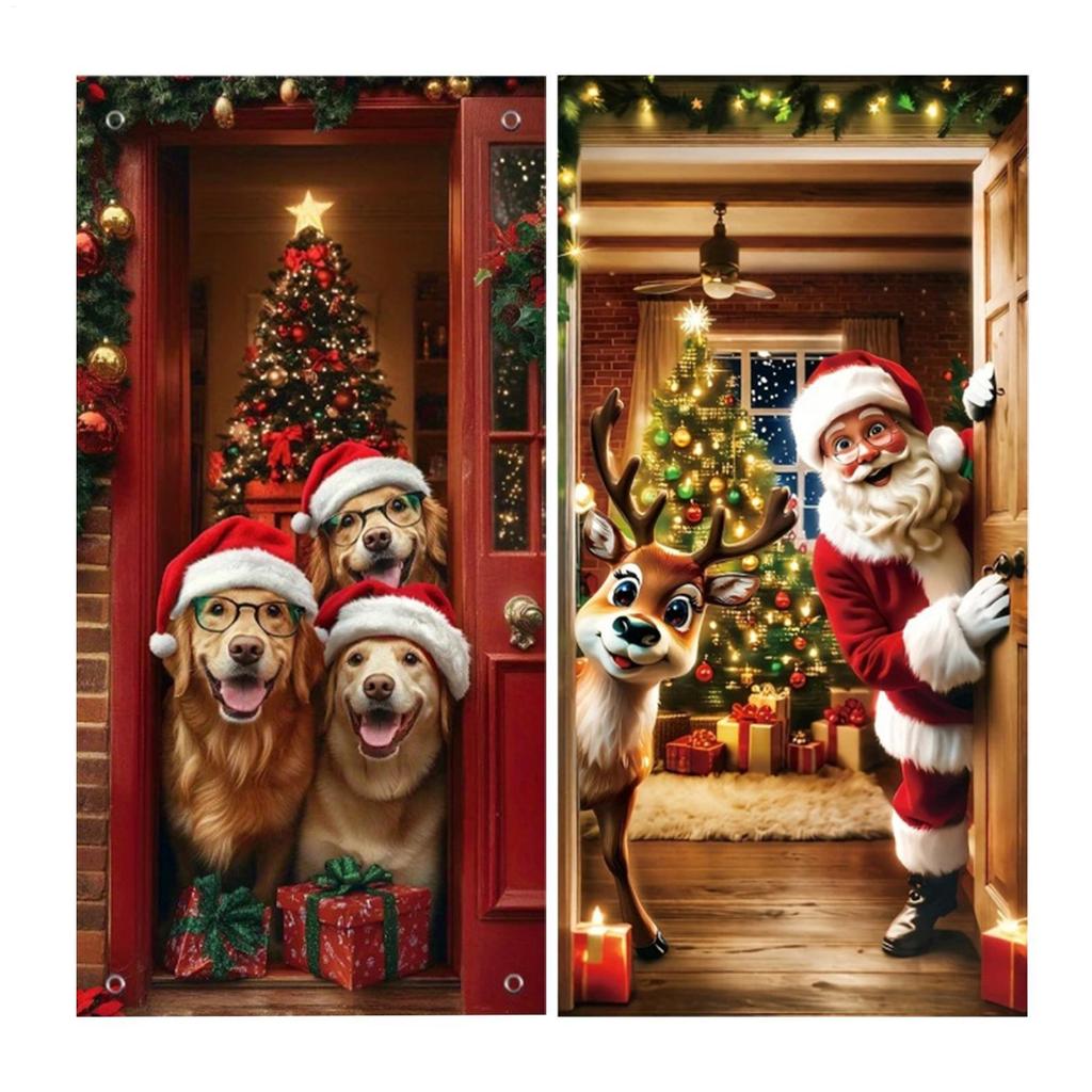 NEW Christmas Front Door Decoration Cover 2D Winter Holiday Party Background Christmas Door Wrap For Indoor Outdoor Home Kitchen