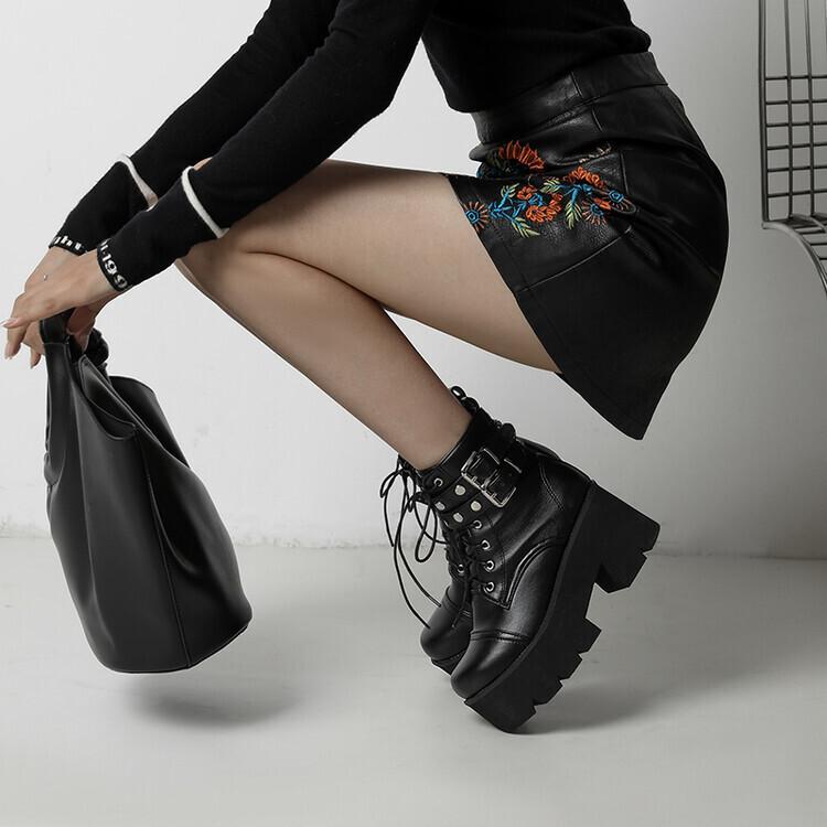 New European and American style black punk Martin boots round head front strap belt buckle side zipper short boots women