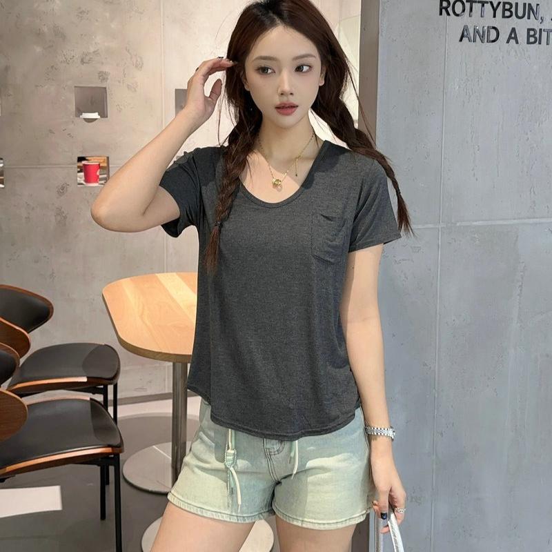Women's U Neck T-Shirt 2026 Summer Modal Basic Short Sleeve Tshirts Loose Fit Relaxed Casual Tee Tops Solid Pocket Tees