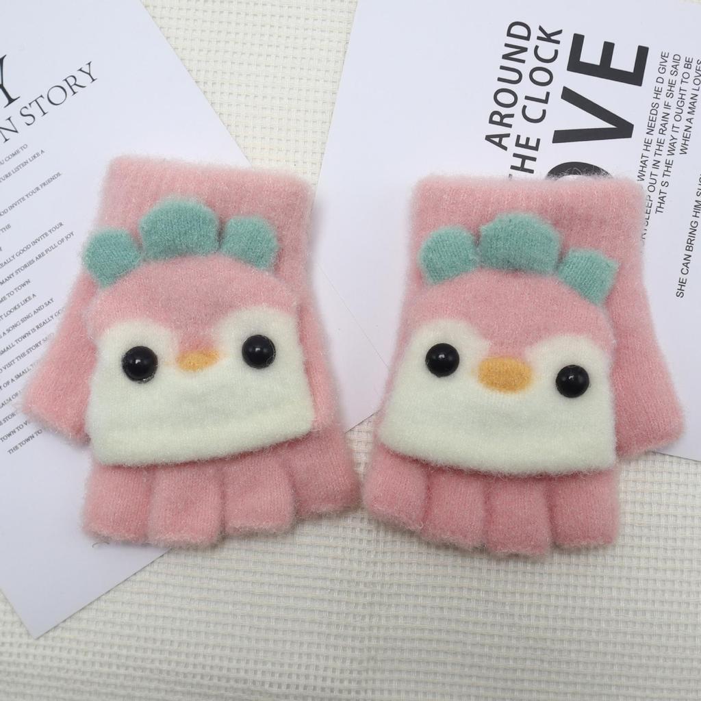 Kids' Warm Knitted Wool Half-Finger Flip-Top Gloves – Cute Chick Design for Writing in Winter