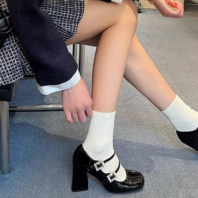 French temperament rhinestone thick heel Mary Jane shoes silver high heels light mouth square head button with skirt single shoes women