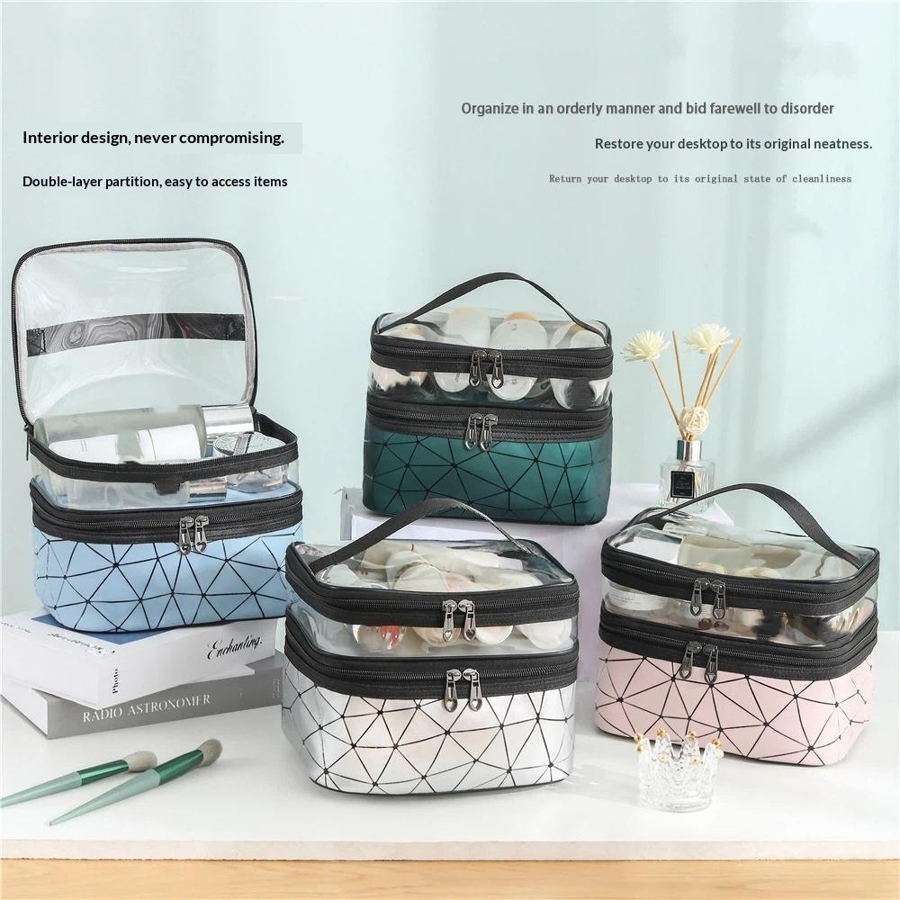 Double-layer Portable Large Capacity Makeup Bag Handheld Travel Waterproof Toiletry Bag Portable Cosmetics Storage Pouch