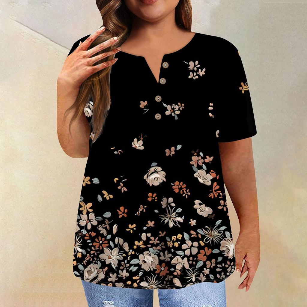 Women's Short Sleeve Shirt Button Plus Size T-Shirt Flower Printed Casual Tops