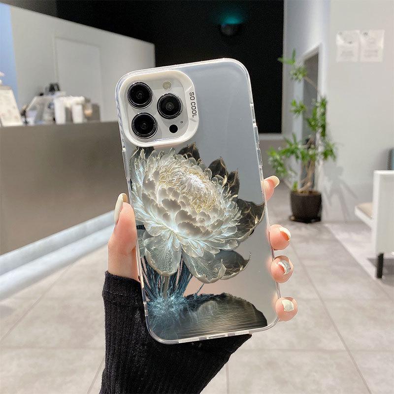 Colorful Drop-Proof Lotus Case for iPhone 16 Pro Max, Silver, Protective for Models 13-15
