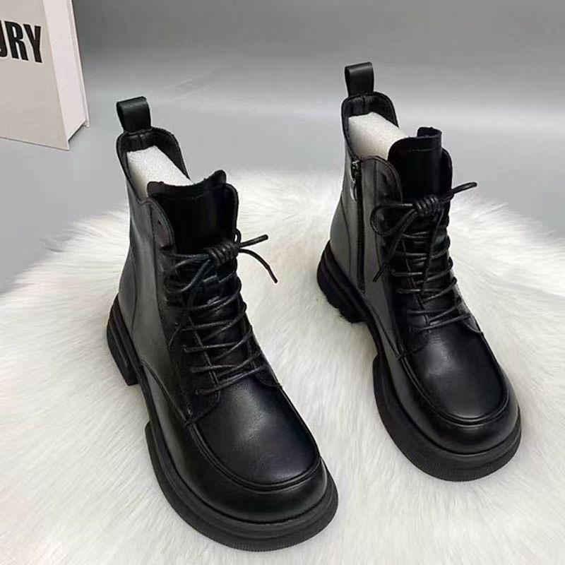 Martin Boots Women's Short Tube Lace-up New Spring and Autumn Single Boots Winter Velvet Medium Heel Thick-soled Short Boots