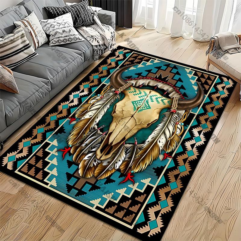 Cultural Symbolism Feathers Skull Carpet Yoga Living Room Room Decor Children's Crawling Mat Doormat Area Rug Games Mat