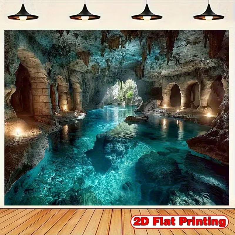 2D Crystal Clear Cave Water Tapestry Ancient Ruins & Stalactites Background Cloth