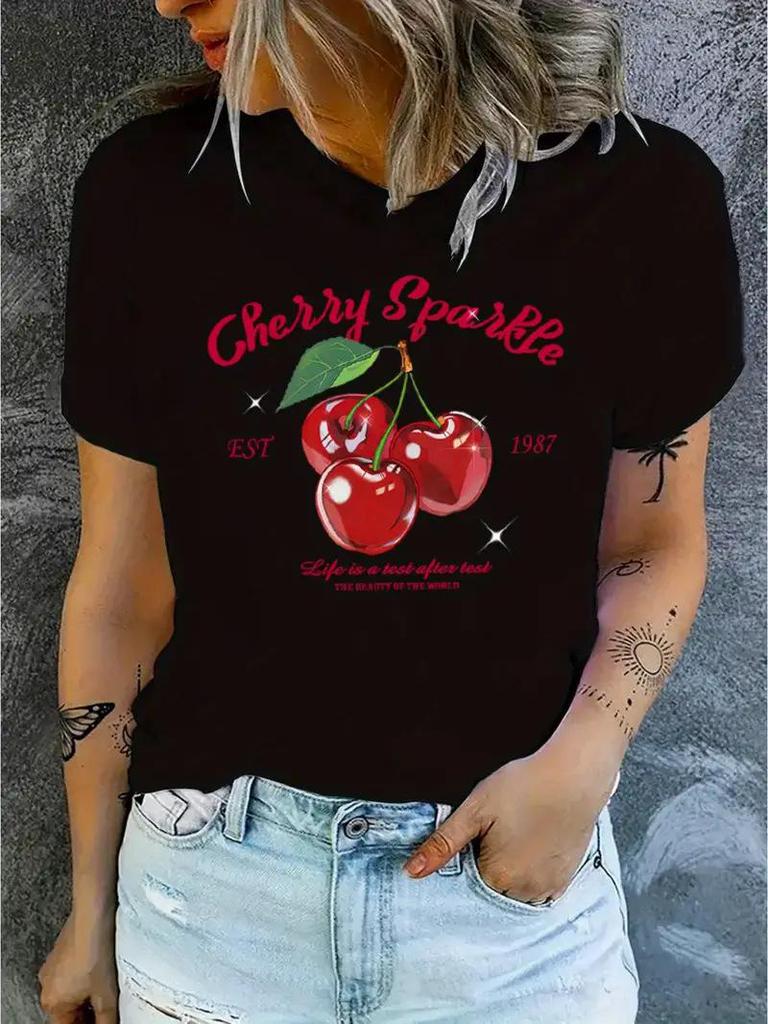 Women's Cherry Print Short-Sleeve Top with Free Shipping