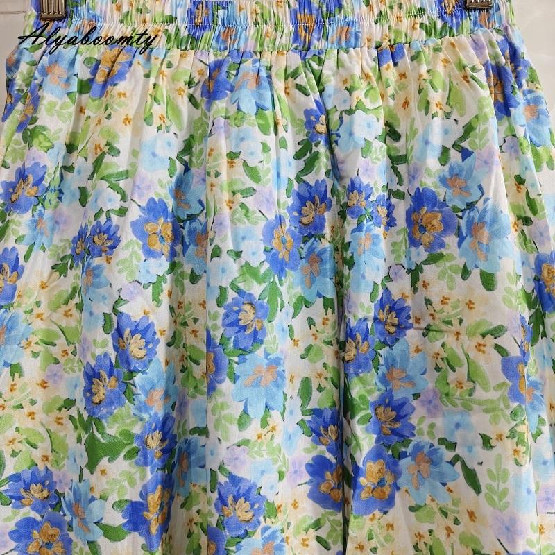 Japanese Mori Girl Summer Women Midi Skirt Elastic Waist Contrast Color Floral Print Sweet Skirt Pretty Travel Holiday Cotton Skirt