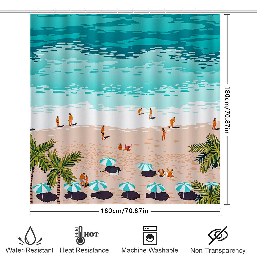 Beach Life Shower Curtain With Umbrellas, Beachgoers Palm Trees Blue Oceans Orange Sand Waterproof Fabric For Bathroom Decoratio