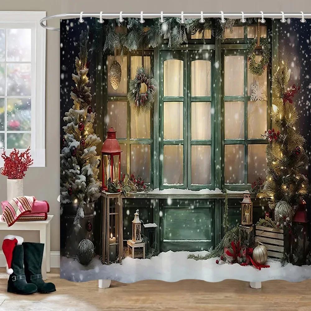 Christmas Backdrop Shower Curtain Holiday Gifts Fireplace Christmas Tree Garland Fabric Bath Curtains Bathroom Decor With Hooks