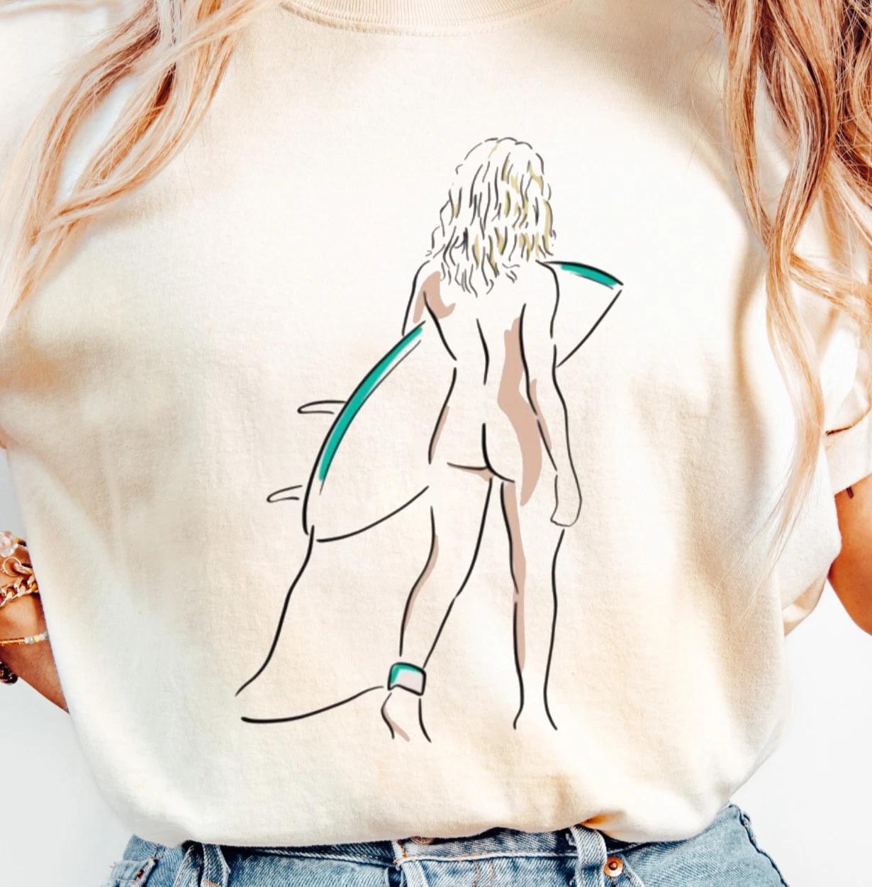 Bareback Surfer Girl T-Shirt | Minimal Line Art Tee, Beach Vibes, Surf Shirt L