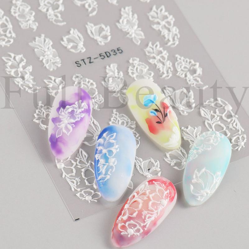 1 Sheet 5D Simple Flowers Nail Embossed Stickers Elegrant Wedding Design Adhesive Sliders Summer Textured Engraved Nail Decoration