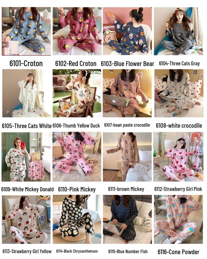 Women's Long-Sleeve Cartoon Pajama Set - Cute Korean Style Homewear for Autumn, Winter, Spring - Plus Size Available
