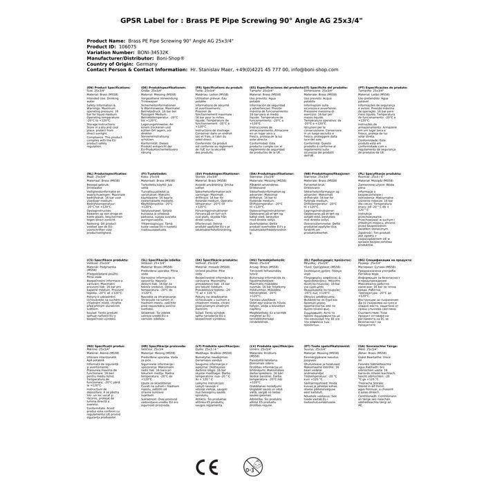 Raccord en laiton pour tuyau PE coudé à 90° AG 25x3/4"