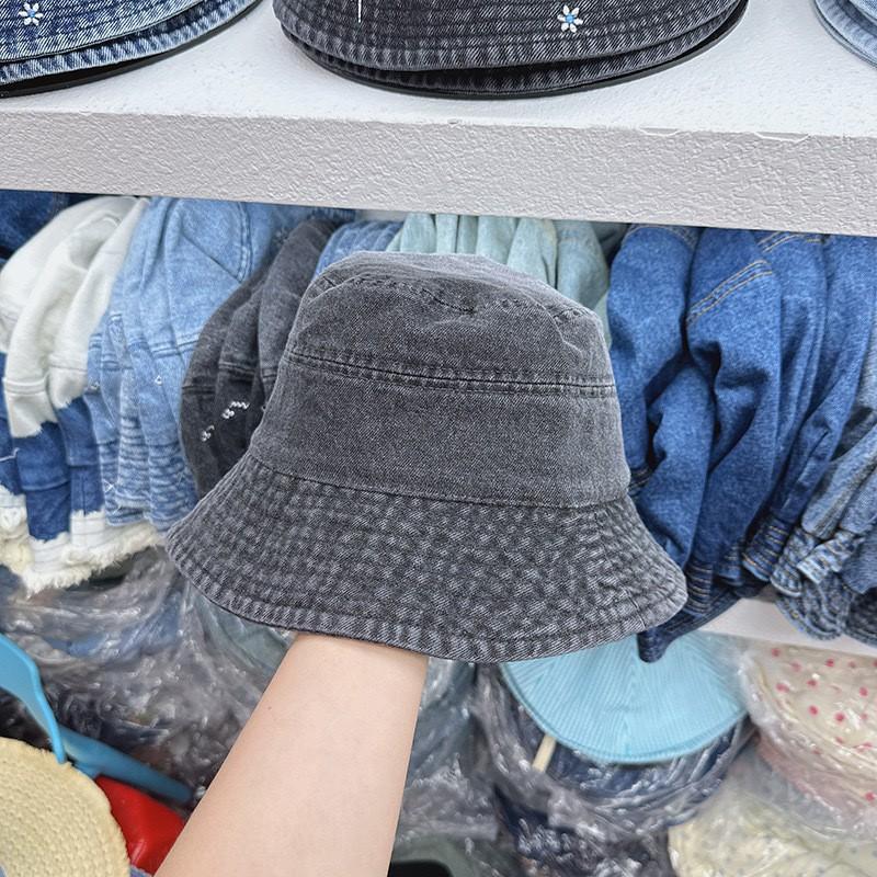 Washed Denim Bucket Hat Women Wide Brim Sun Oversized Fit Round Crown Casual Streetwear Style Black