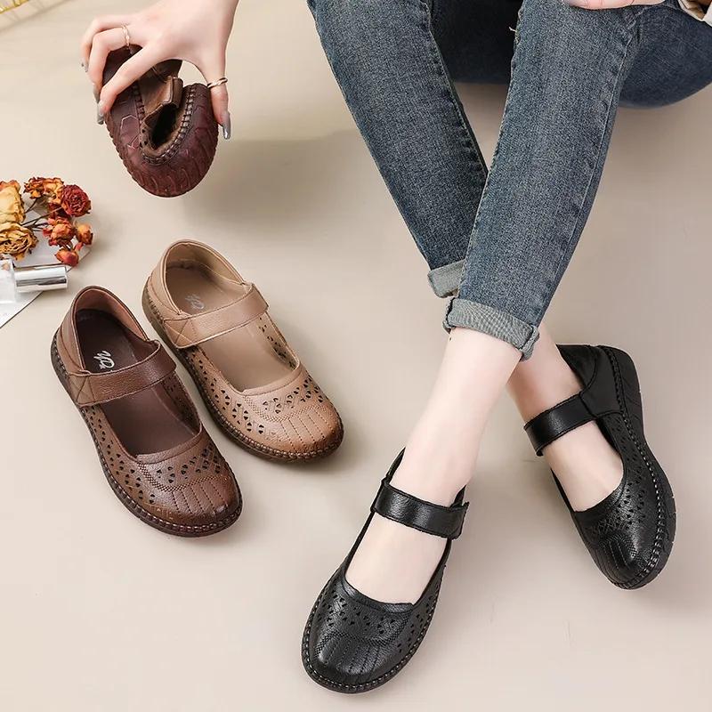 Fashion Comfort Soft Cowhide Women's Shoes Spring Thick Soled Sandals Women's Genuine Leather Mother's Shoes Retro Hollow Single Shoes