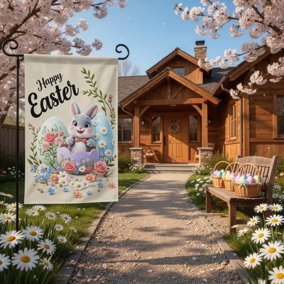 Happy Easter Garden Flag Bunny In Eggshell 12x18in Double Sided Spring Flowers Rabbit Yard Flag Easter Eggs Outdoor Decor Banner