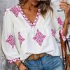 Summer New Fashion Printed V-neck Loose Blouse Women Seven Quarter Sleeve Casual Women's Shirts Tops Vintage Simple Slim Fit Female Blouses 26426