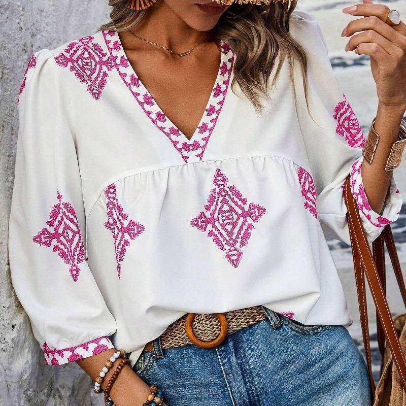 Summer New Fashion Printed V-neck Loose Blouse Women Seven Quarter Sleeve Casual Women's Shirts Tops Vintage Simple Slim Fit Female Blouses 26426