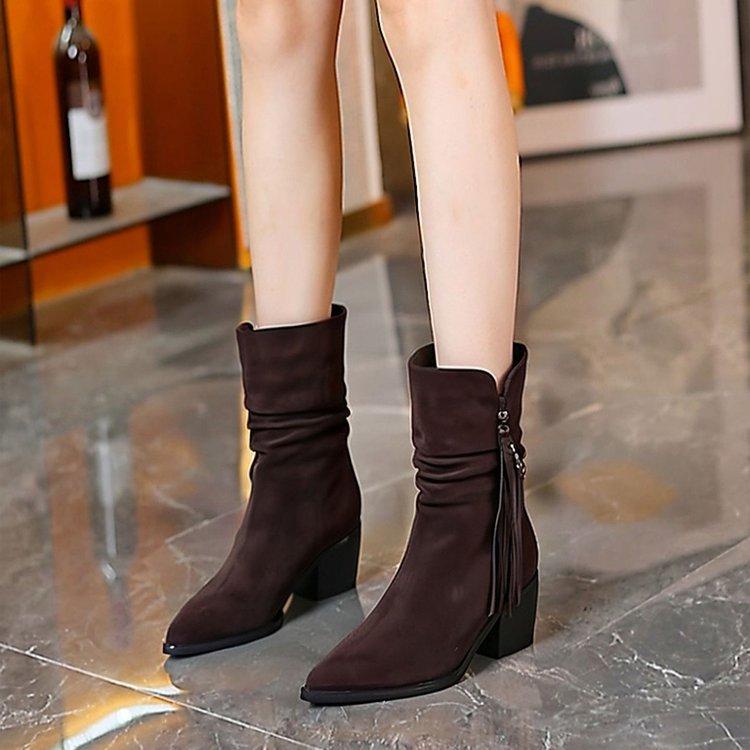 Fashion Winter 2025 Collection of Suede Fringed High-heeled Boots for Women Pointed-toe Chunky-heeled Ankle Boots Fashion Boots