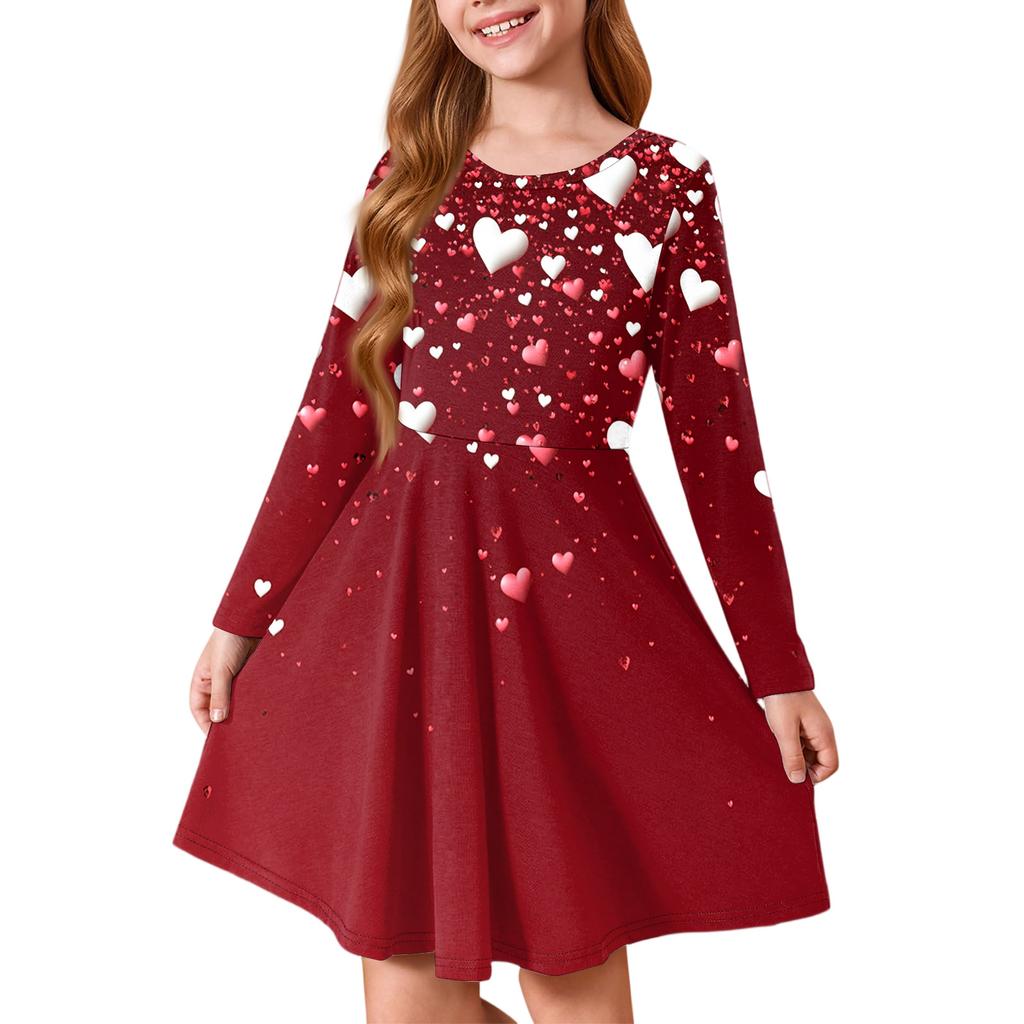 Girls' Summer Princess Dress - Long Sleeve A-Line T-Shirt Dress Valentine's Day