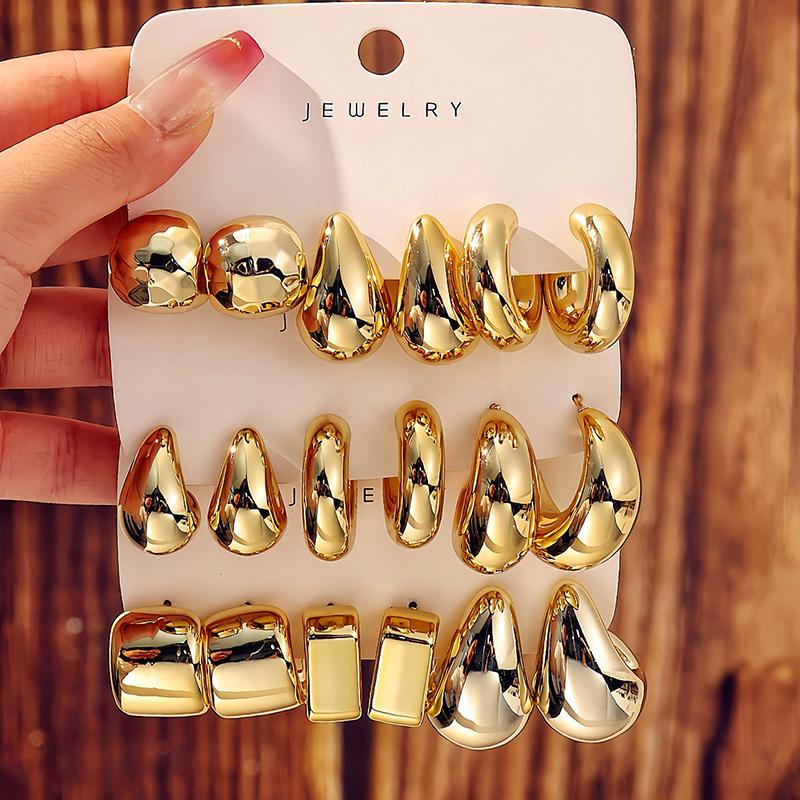 6Pcs/set Classic Ccb Waterdrop Twist Earrings Chunky Tear Drop Design Women's Gold-Color Bohemia Earrings Daily Workplace Party