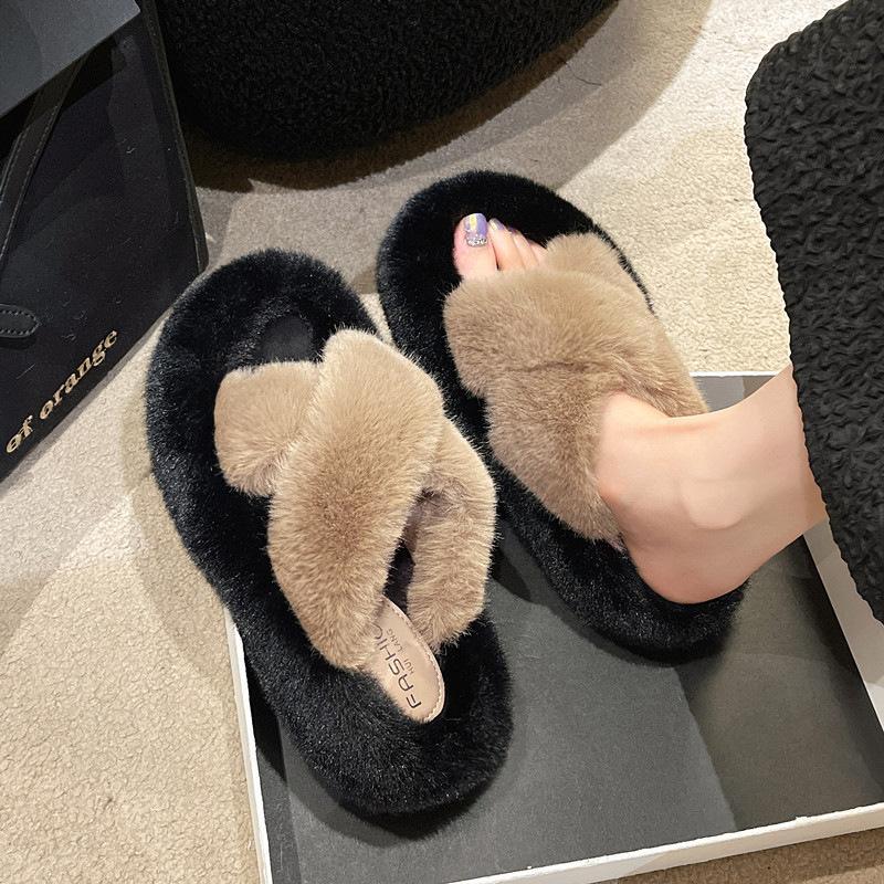 4Cm heel large size fluffy slippers women's 2025 winter new thickened warm non-slip Korean version indoor cotton slippers