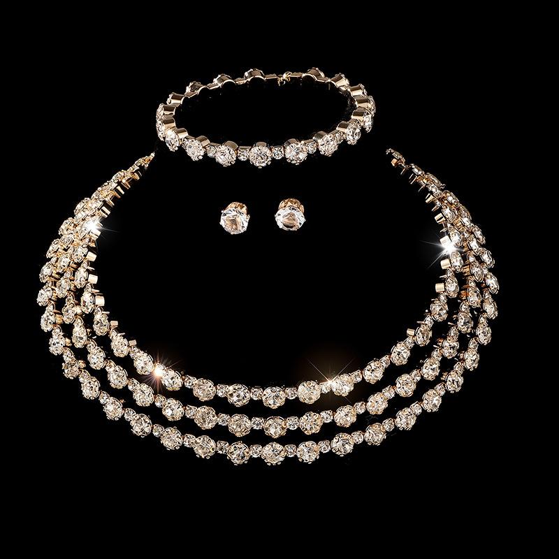Diamond Necklace Earrings Ring Bracelet Four-Piece Set, Bridal Rhinestone Jewelry Set Ornament