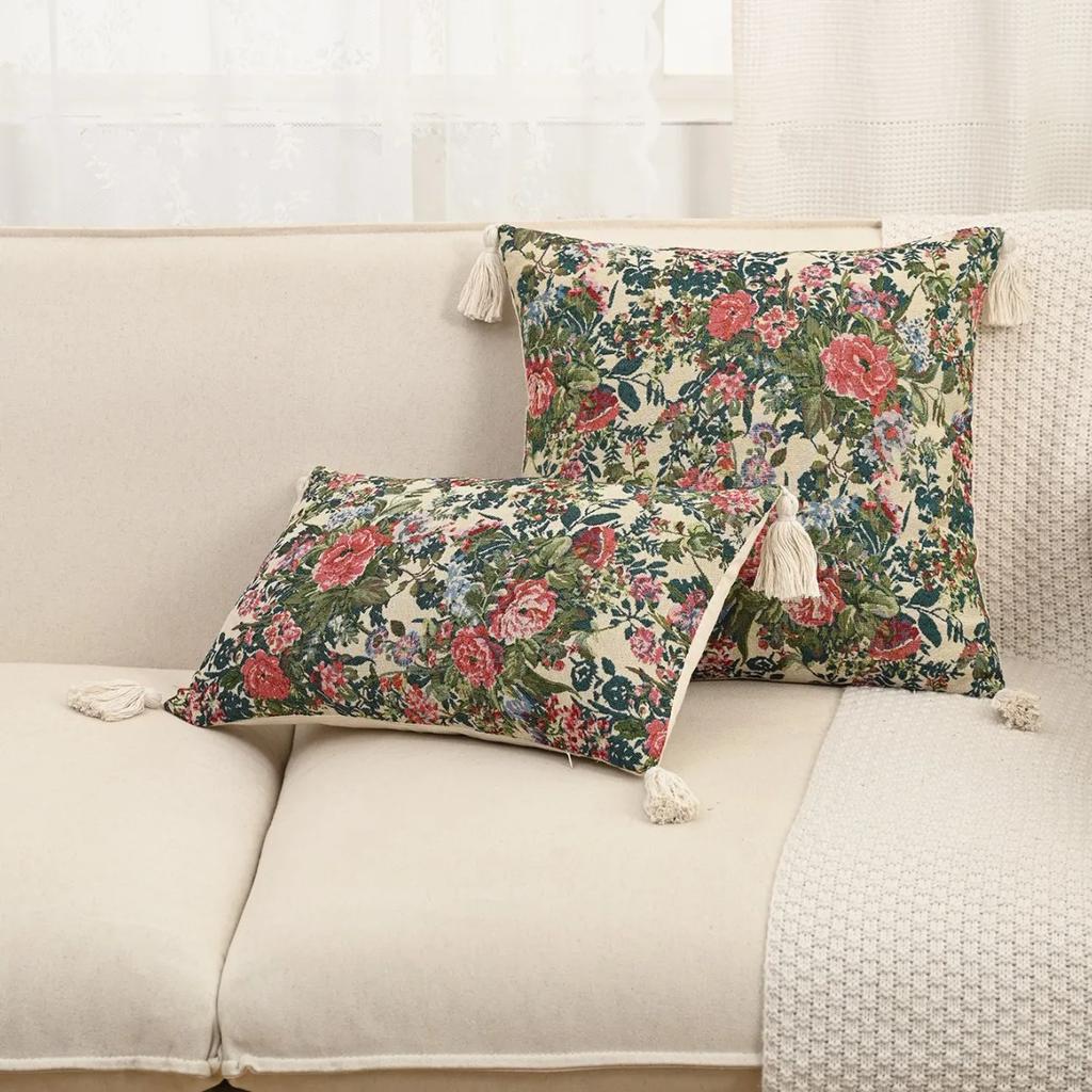 Retro European Style Cotton Linen Flower Cushion Pillowcase Living Room Sofa Backrest High Precision Jacquard Cushion Cover